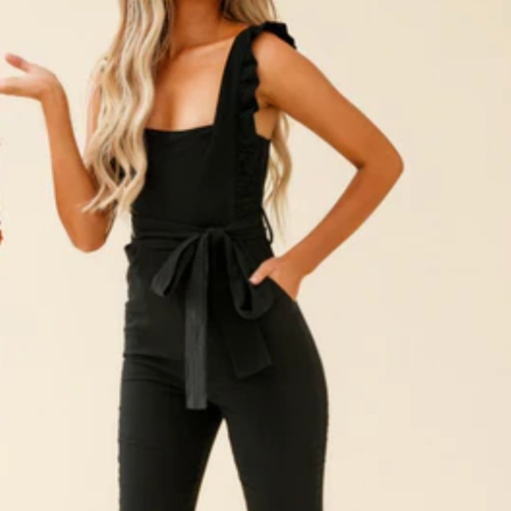 ALL FOR LOVE SQUARE NECKLINE RUFFLE STRAP JUMPSUIT BLACK NEW WITH TAGS